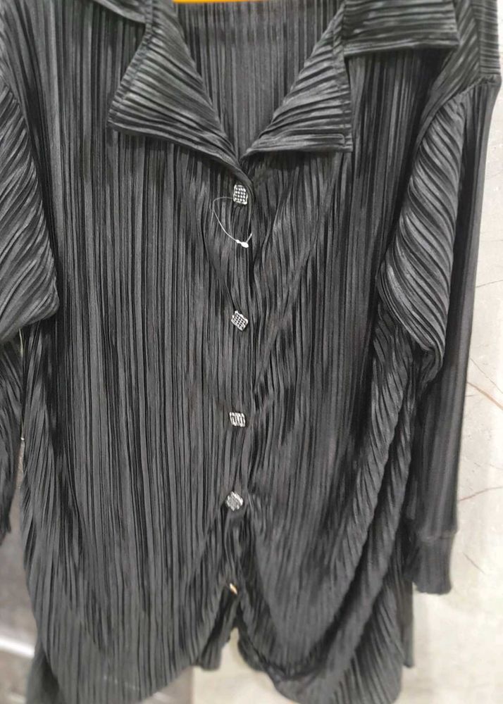 Pleated Black Button-Down Top