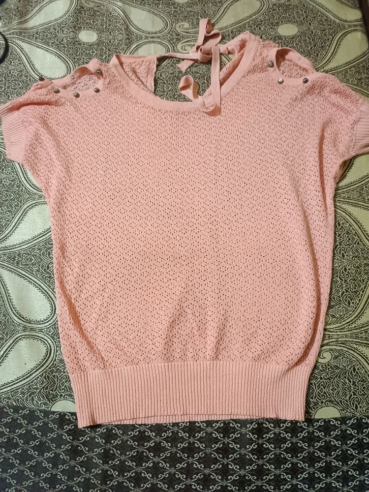 Peach Net Cold Shoulder Top