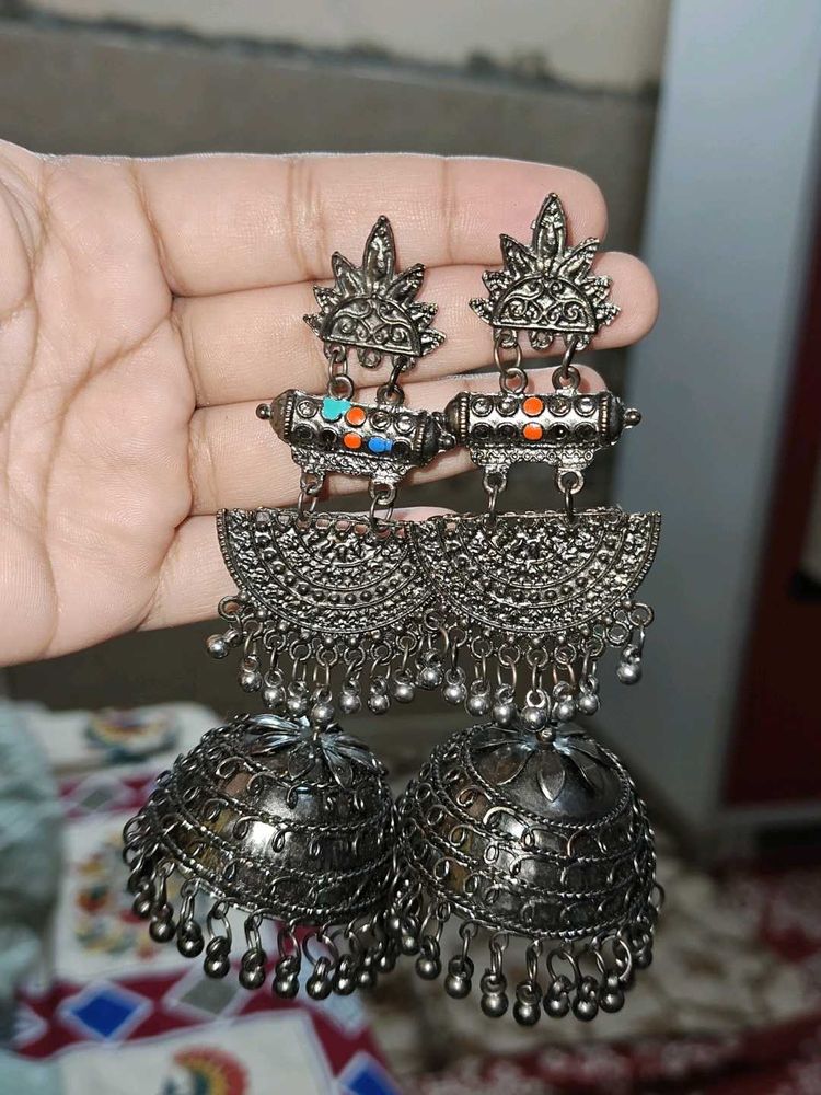 Oxidized Silver Jhumka Earrings