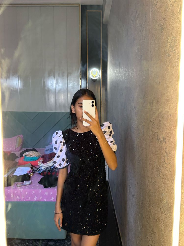 Sparkly Mini Dress with Polka Dot Sleeves