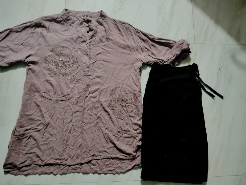 Embroidered Floral Tunic &amp; Black Skirt Set