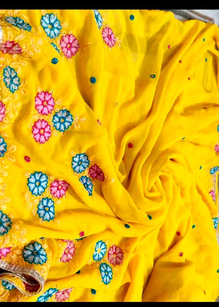 Yellow Floral Embroidered Saree