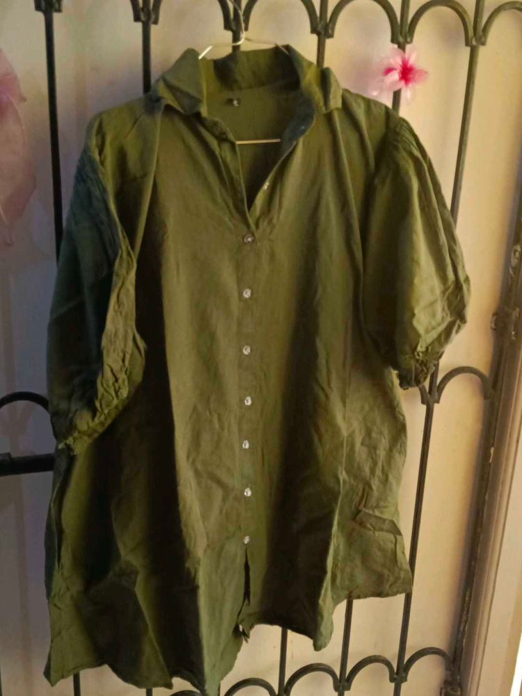 Olive Green Button-Down Shirt Dress With Pockets