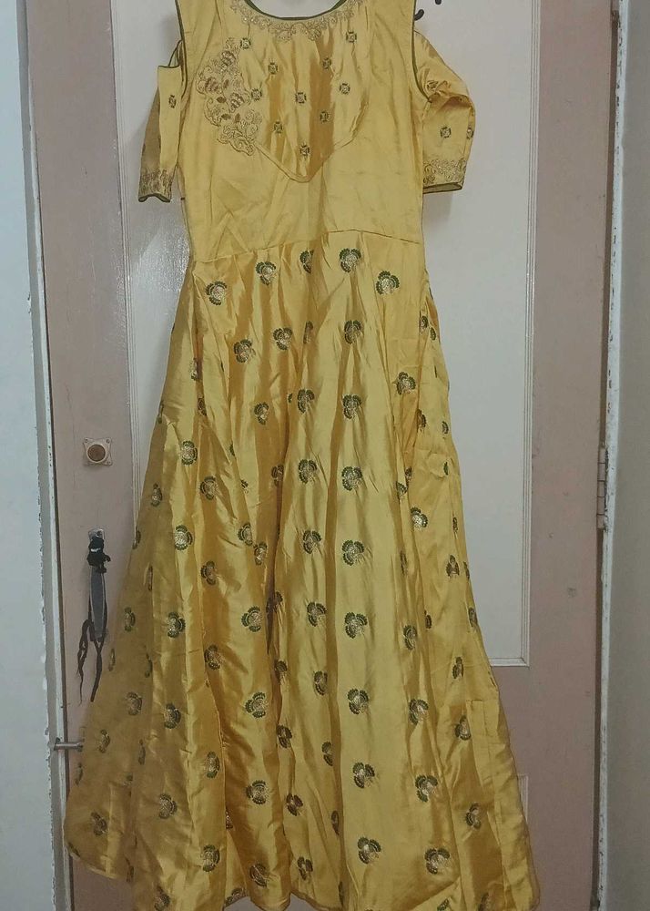 Golden Floral Anarkali Dress