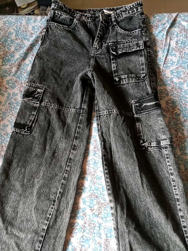 Women's Grey Denim Cargo Pants