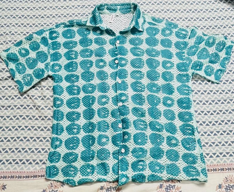 Turquoise Patterned Mesh Shirt
