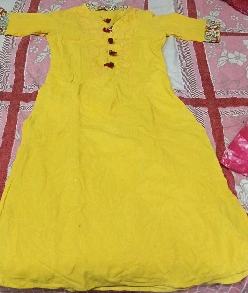 Yellow Cotton Blend Kurta