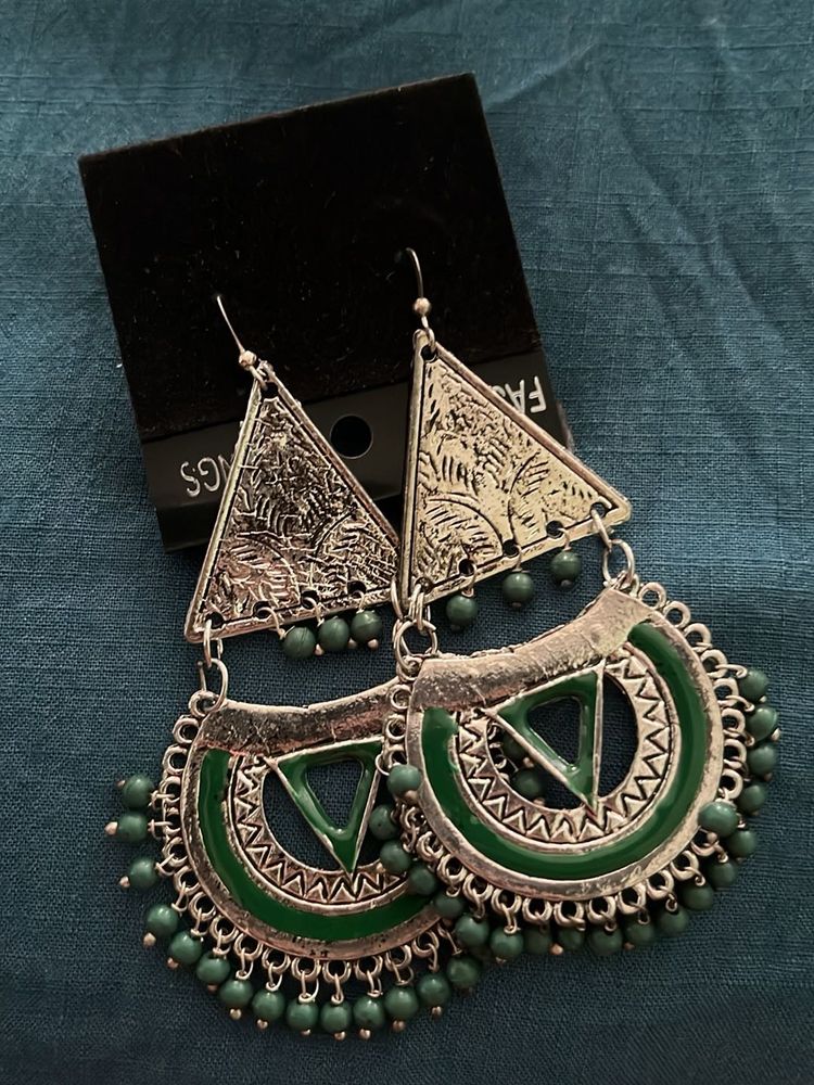 Statement Green &amp; Silver Earrings