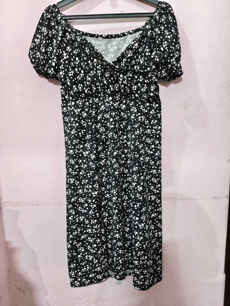 White Floral On Black Slit Dress