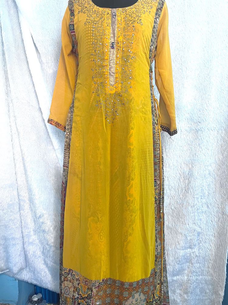 Radiant Yellow Embellished Long Kurti – Size XXL