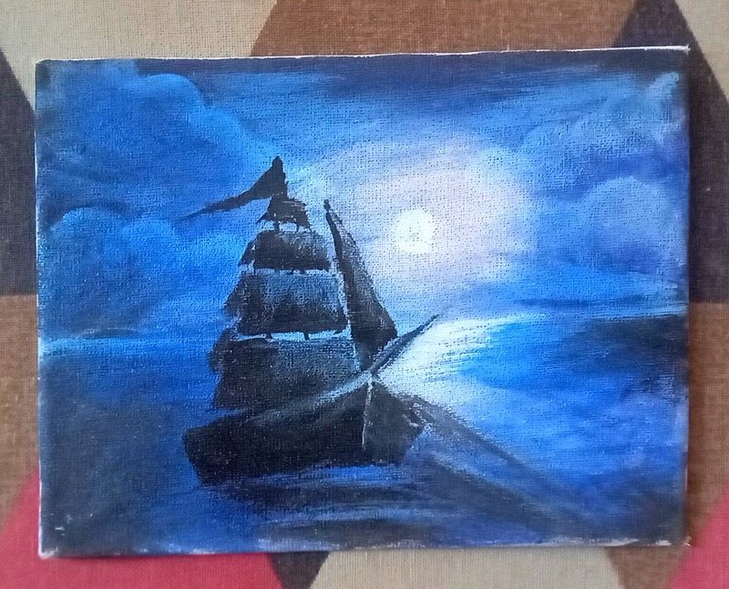 Lonely Boat in sea painting Homemade