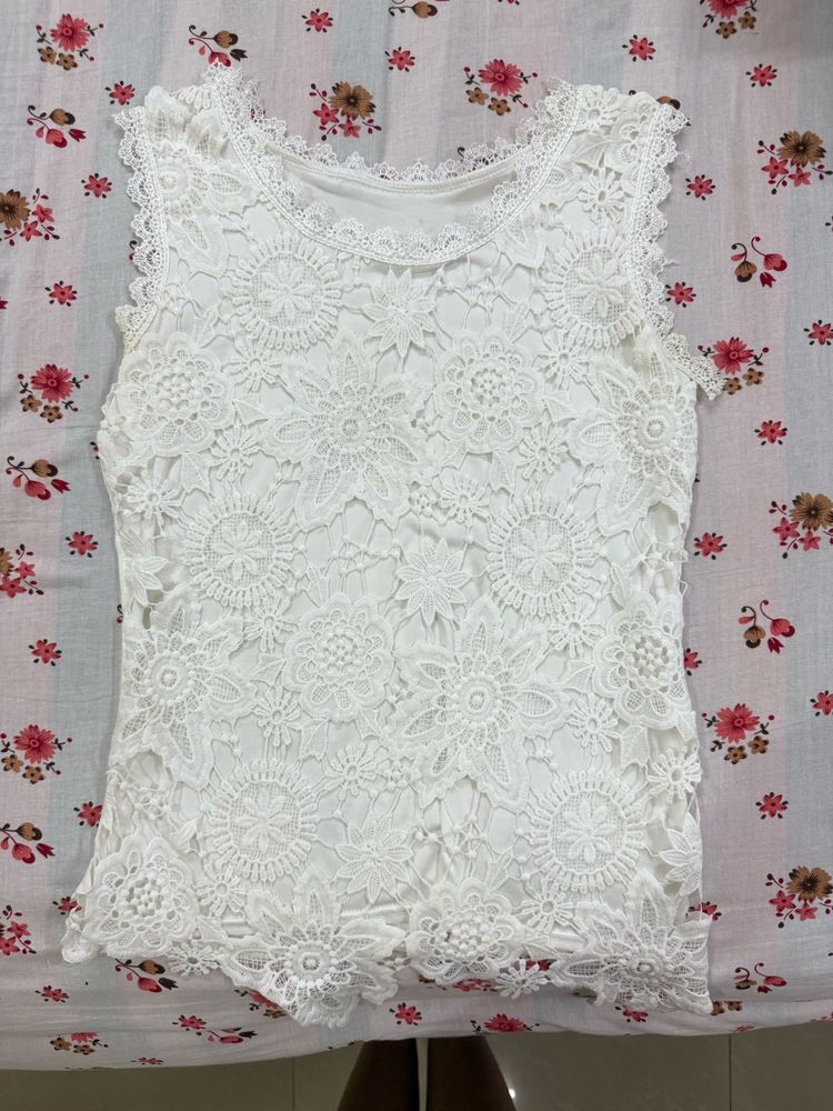 White Crochet Satin Top