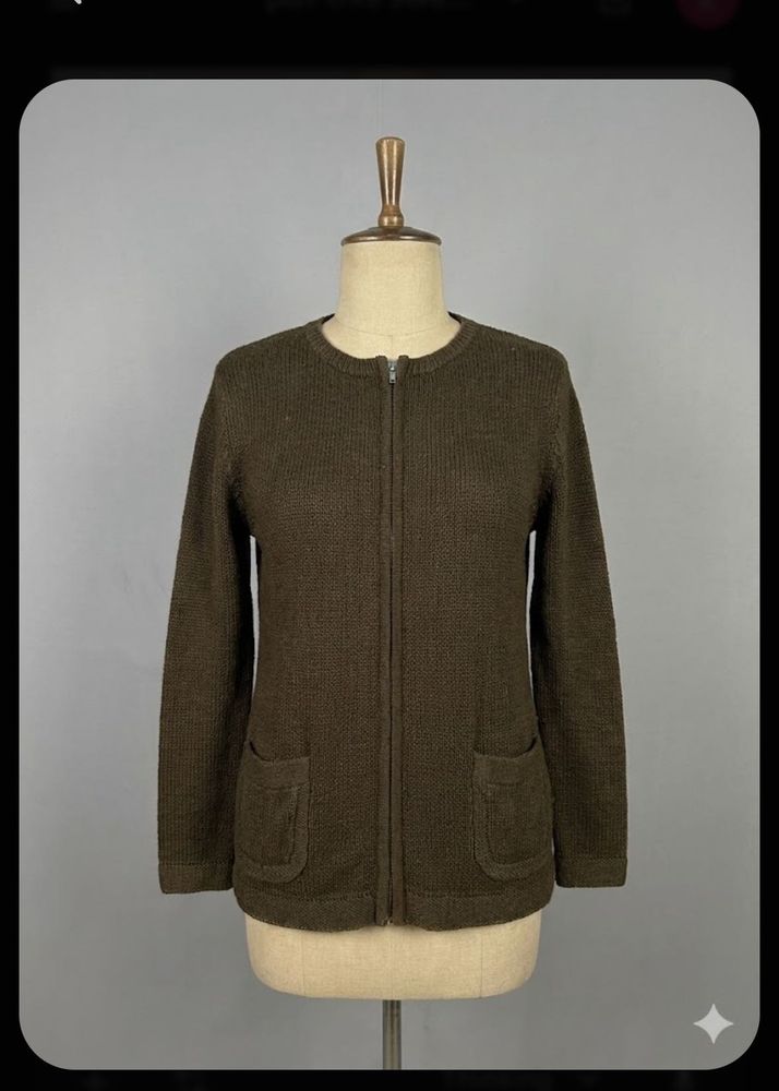 Brown Knit Zip Cardigan