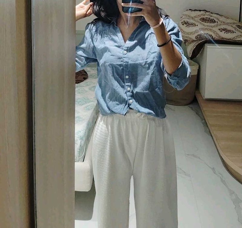 Denim Blue Button-Down Crop Shirt