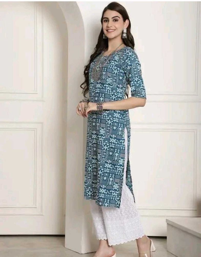 Teal Printed Kurti with White Palazzos