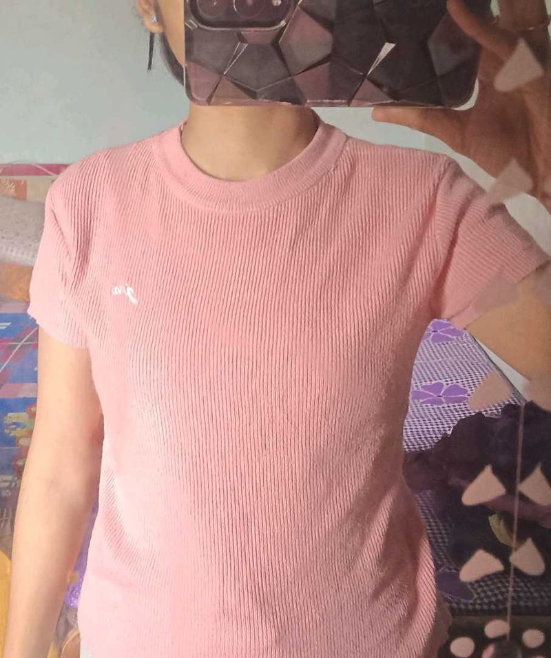 Pink Ribbed Knit Top - Size Small