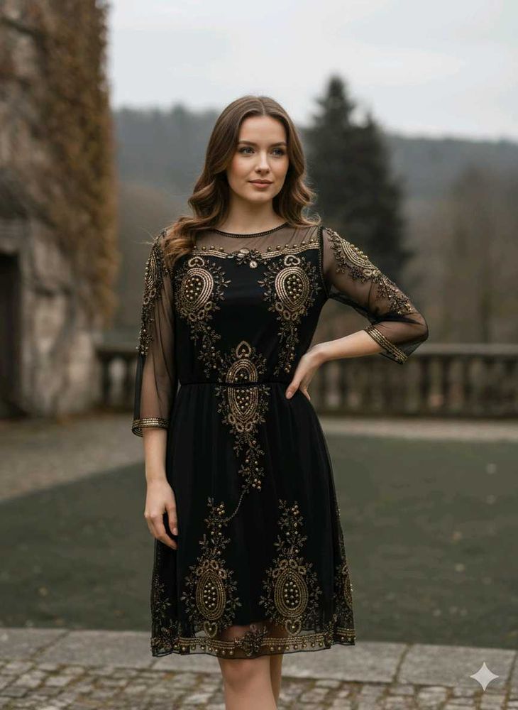 Elegant Black &amp; Gold Embellished Dress