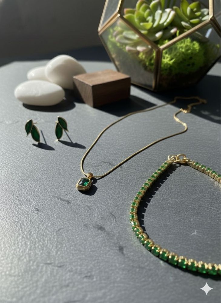 Premium Anti Tarnish Gold &amp; Green Jewelry Set