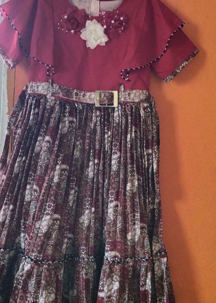 Girls Maroon Floral Belted Dress With Free Lagging