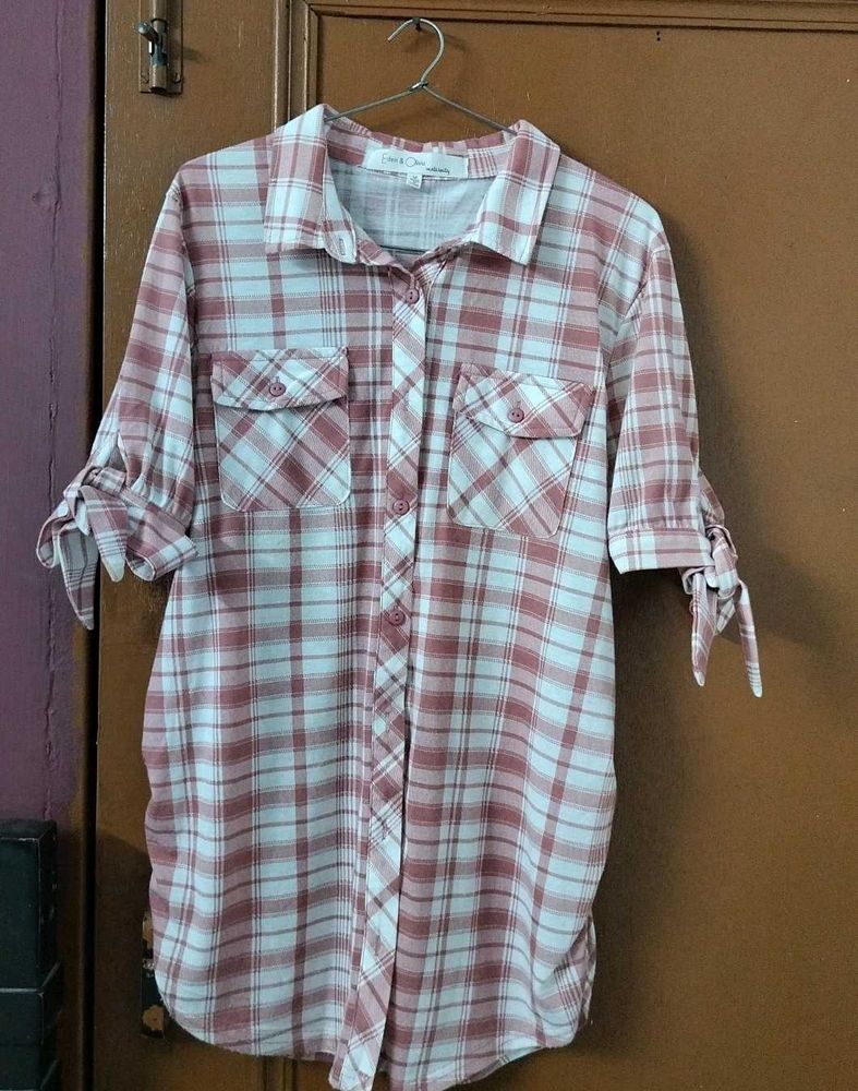 Peach And White Pl Shirt With Stylish Sleeves.