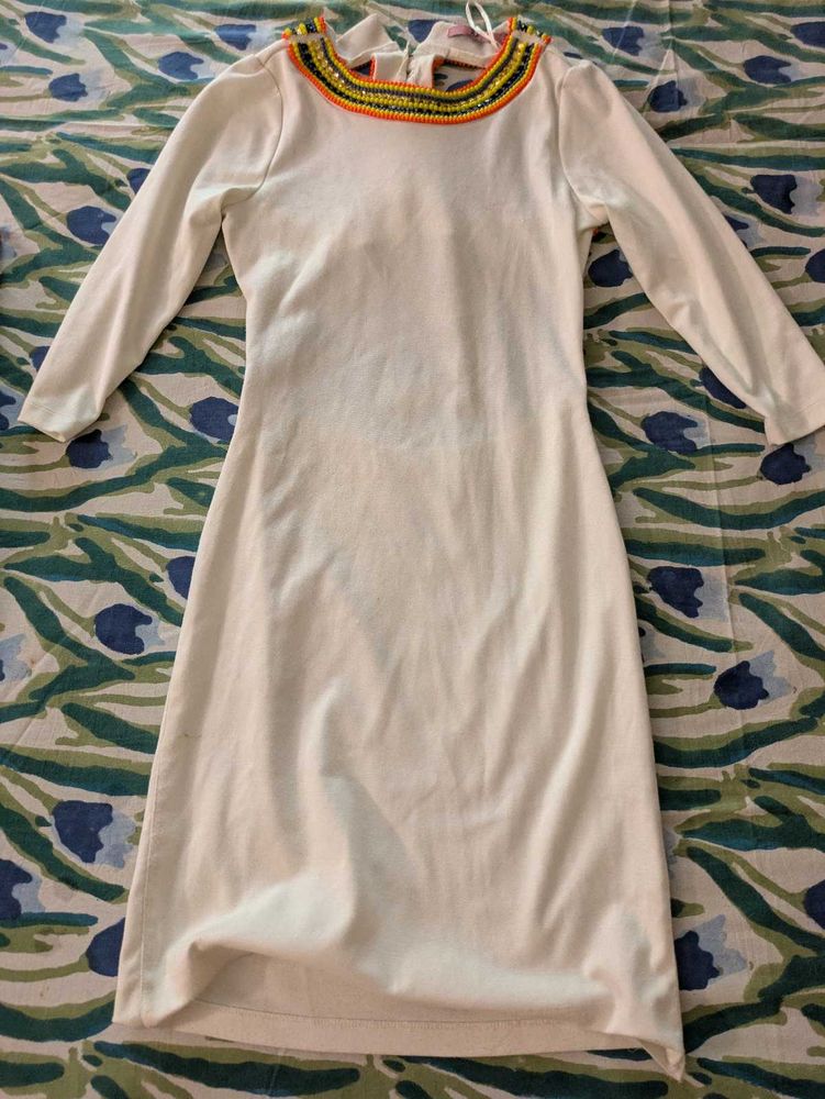 Vintage White Dress with Beaded Neck