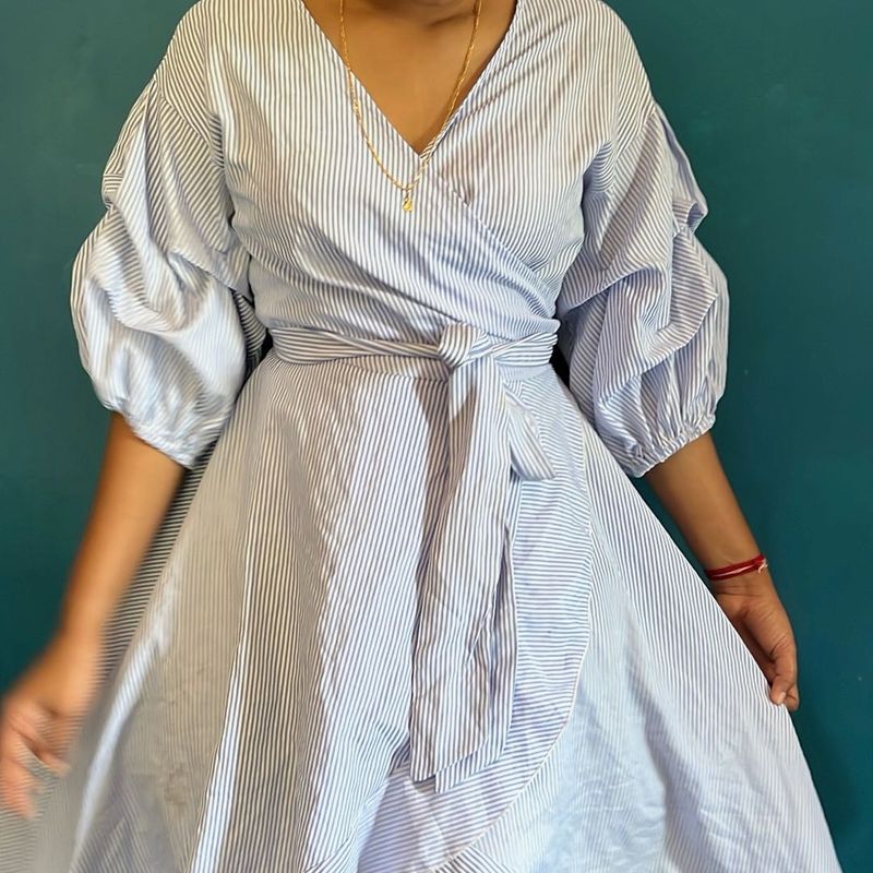 Striped Wrap Dress with Puff Sleeves