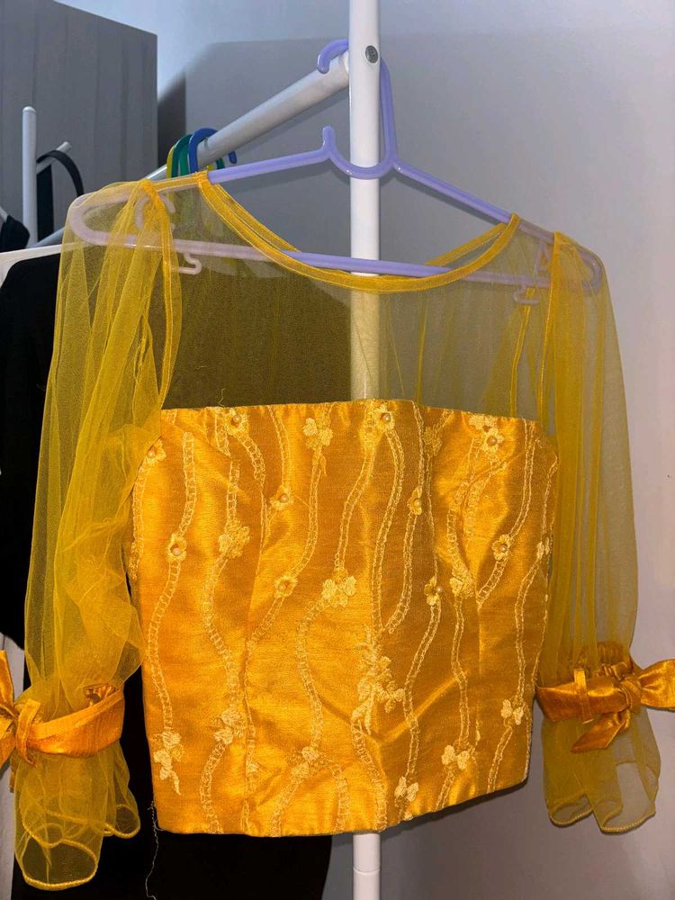 Net Sleeve Yellow Blouse Top