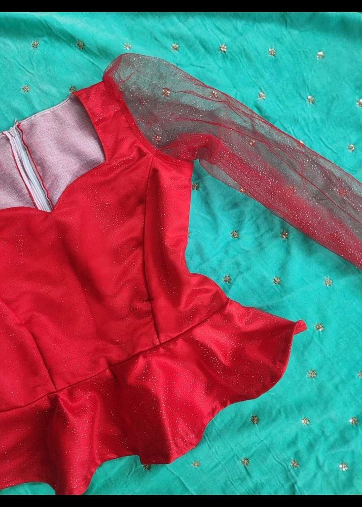 Red Blouse with Net Sleeves