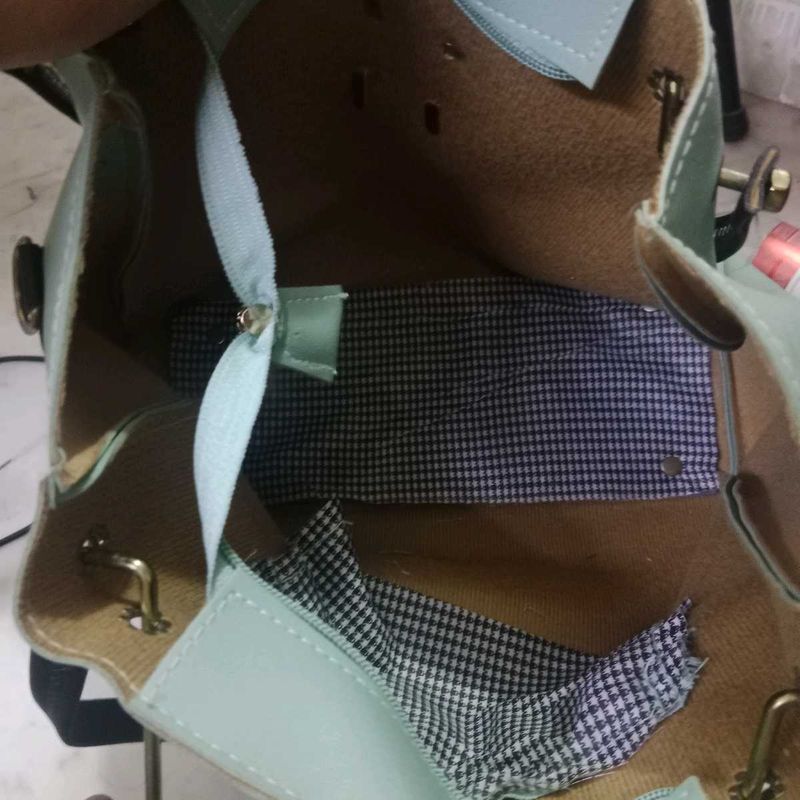 Mint Green Tote Bag with Gingham Lining