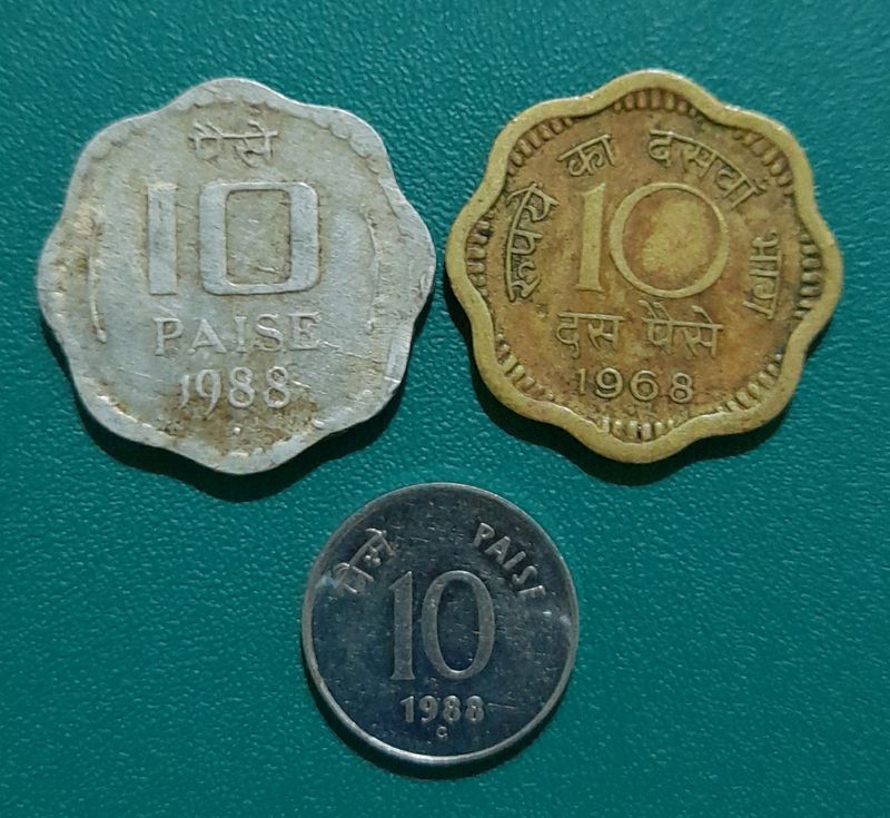 3 Indian Coins Of 10 Paise