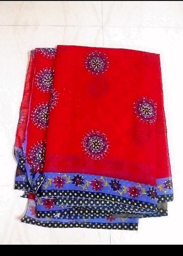 Red Floral Print Saree,One Time Used,