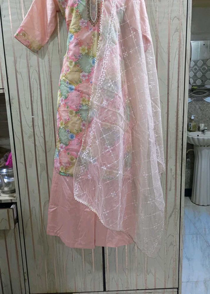 Multi Colour Kurti Plazo Set With Neck Handwork