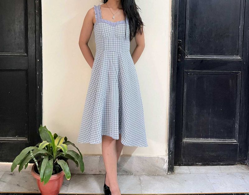 Summer Blue Checked Midi Dress