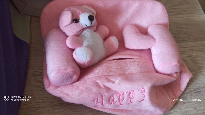 Pink Plush Baby Seat with Teddy Bear