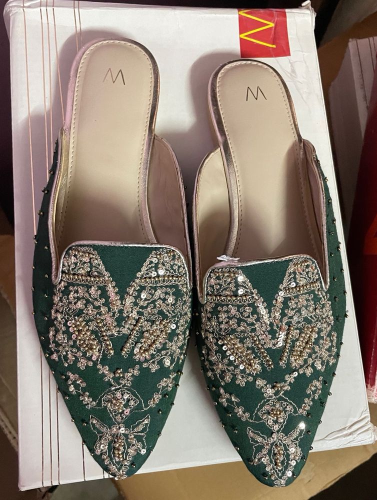 Embroidered Green Mules