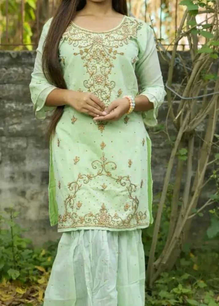 Embroidered Light Green Kurti Set