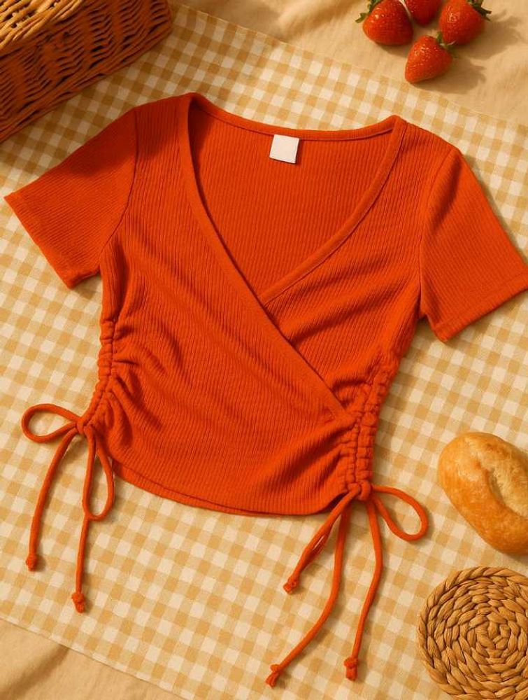 SSS Orange Ribbed Drawstring Top
