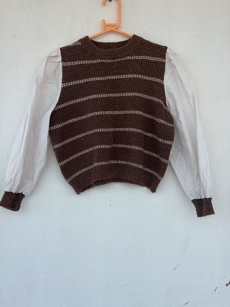 Brown Knit Sweater with Blouse Sleeves