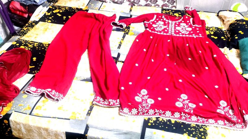 Red Chicken Kurta Set