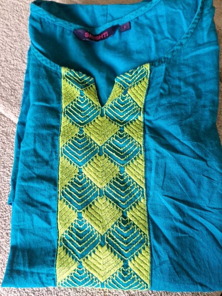 Sea Green Knee Length Top with Geometric Embroider