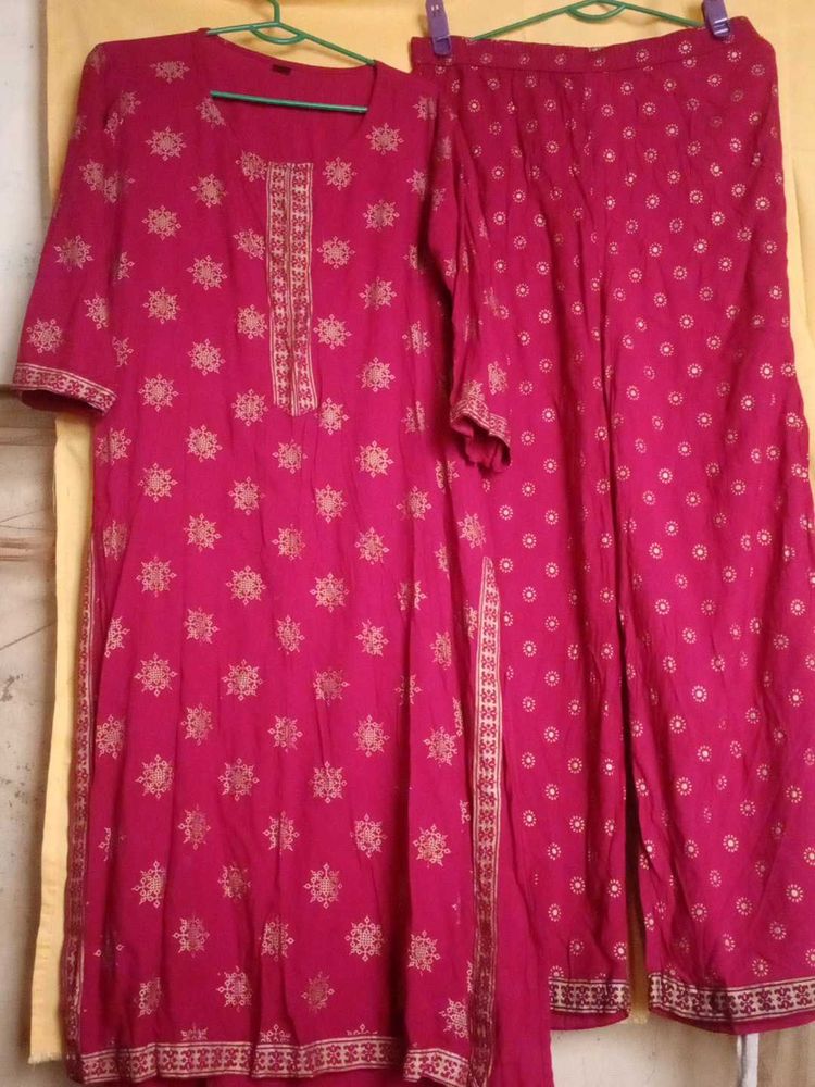 Pink &amp; Gold Print Kurti Pant Set
