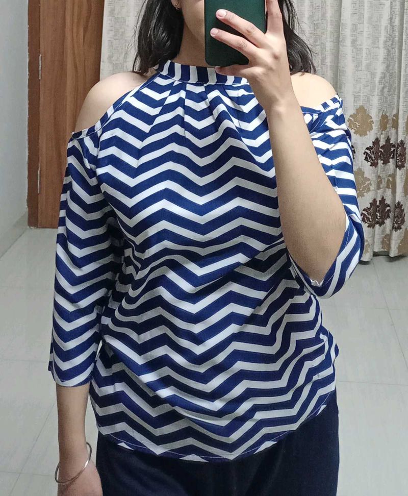 Blue &amp; White Zigzag Cold Shoulder Halter Neck Top