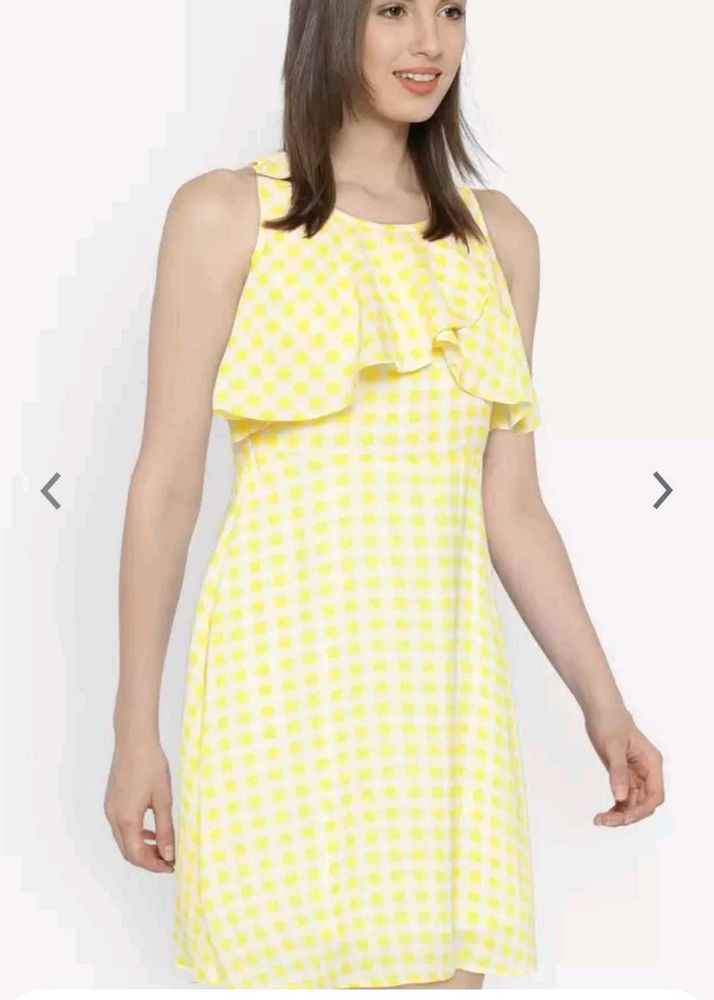 Yellow &amp; White Checked Fit and Flare Dres