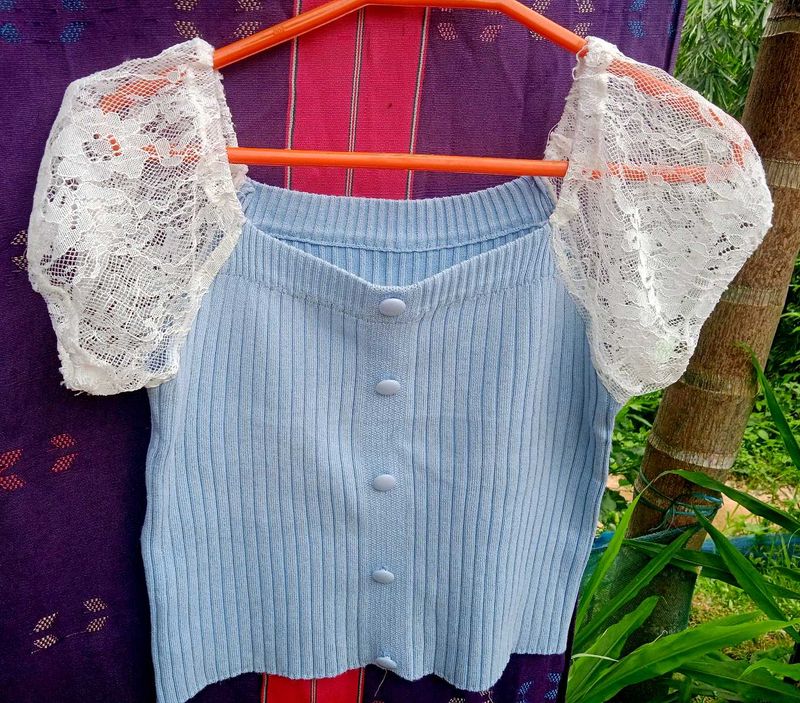 Blue Lace Sleeve Knit Top