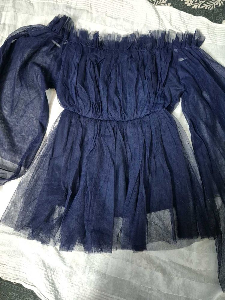 Navy Blue Tulle Off-Shoulder Top