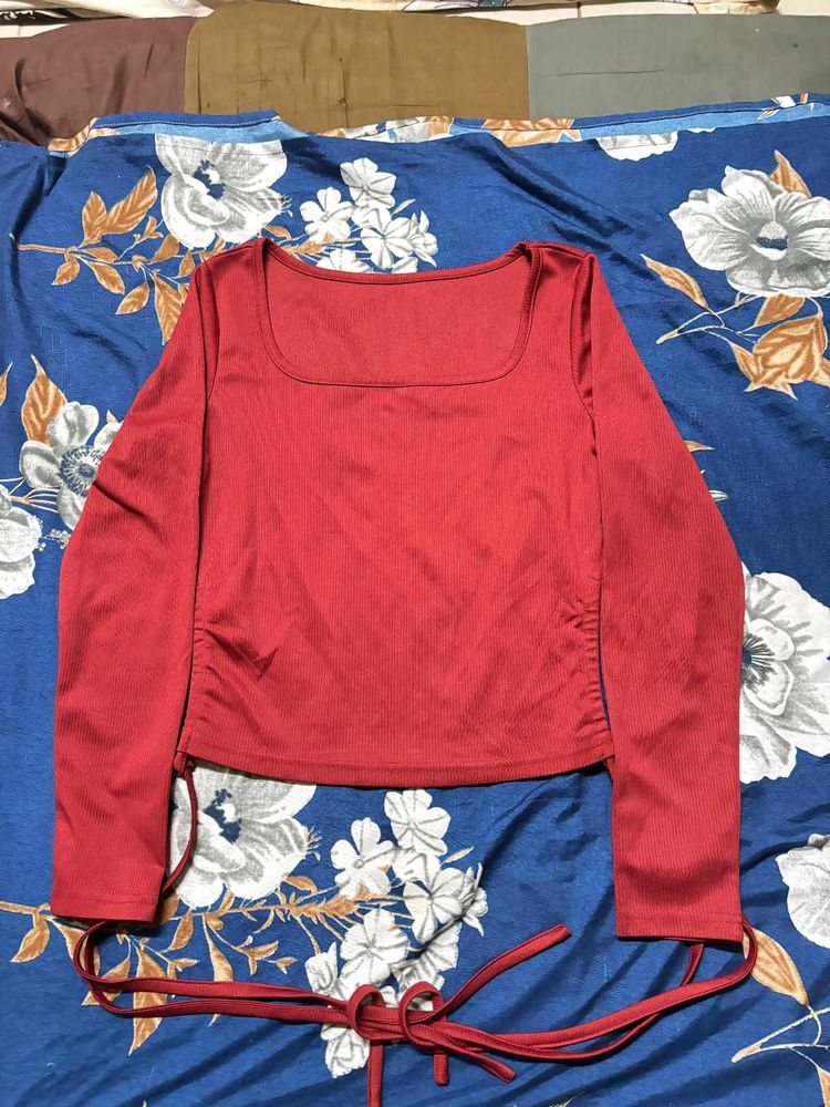 Red Drawstring Long Sleeve Top
