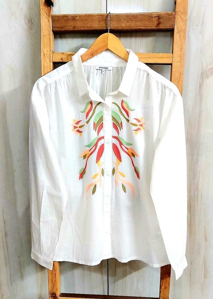 White Embroidered Fine Cotton Shirt Size-48