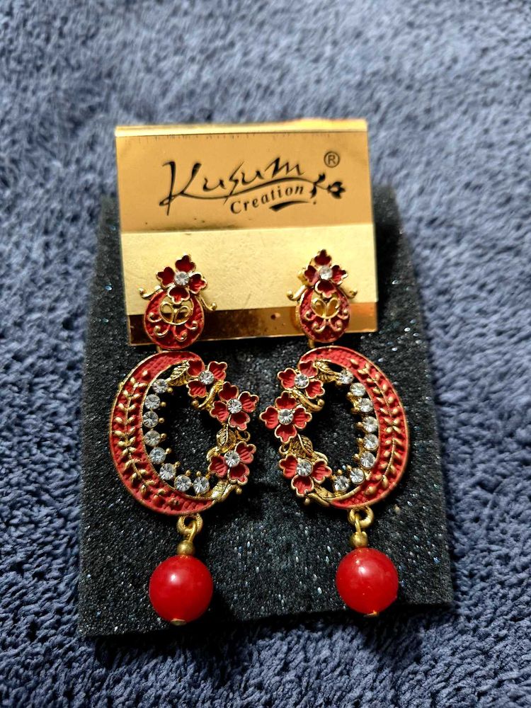 Red Floral Crescent Earrings with Bead Drop