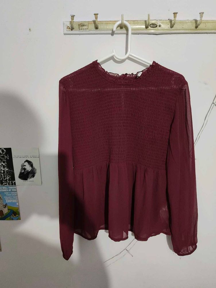 Burgundy Sheer Long Sleeve Top