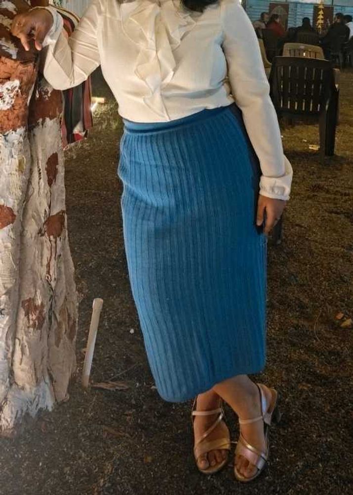 Blue Knit Midi Skirt